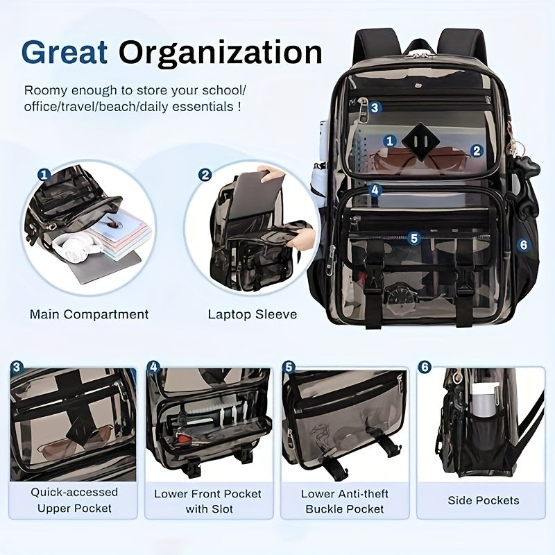 Casual Travel Men'S Backpack, 4.23gal Large Capacity, Lightweight Transparent Bag, Adjustable Shoulder Straps, Gym Approved, Outgoing Commuter Backpack, Black